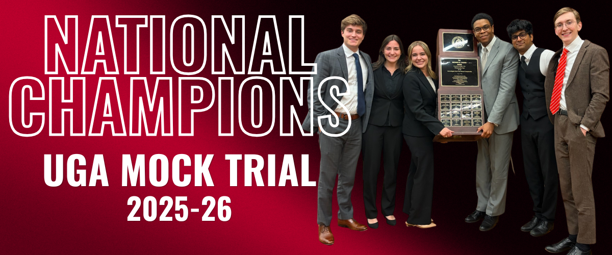 National Champions UGA Mock Trial 2025-2026 and group of students holding trophy