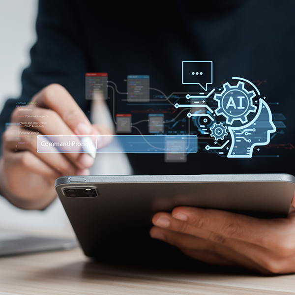 A close up of man's hand as we works on a tablet computer with a stylus. An illustration of a a head and a gear with the initials AI centered hovers superimposed above his tablet. How to budget for AI innovation?