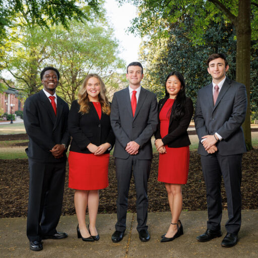 Finalists for the UGA Terry College of Business 2026 Student of the Year Award include, from left, Andre Akinyemi, Katie Fields, winner Dylan Van Saun, Sophia Beasley and Dominic Roselli.